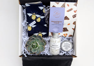 A sweet little token gift for new parents. This gift box includes Chocolate Almond Buttercrunch, Relaxing Bath Salts, Baby Bum Balm, an air plant or succulent and a beautiful hand made Baby Bib.  Our gifts come beautifully wrapped with a bow along with an art card including your personalized note. 