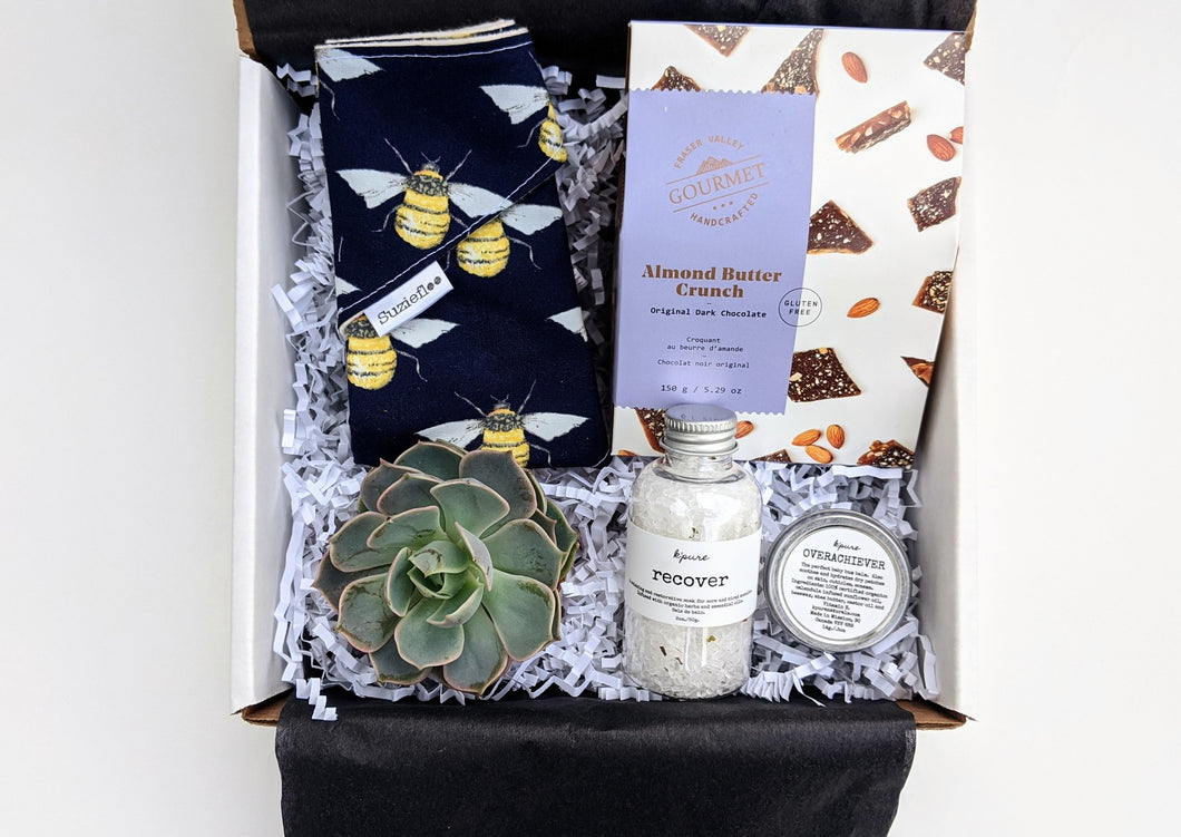 A sweet little token gift for new parents. This gift box includes Chocolate Almond Buttercrunch, Relaxing Bath Salts, Baby Bum Balm, an air plant or succulent and a beautiful hand made Baby Bib.  Our gifts come beautifully wrapped with a bow along with an art card including your personalized note. 