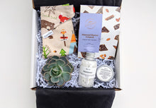 Load image into Gallery viewer, A sweet little token gift for new parents. This gift box includes Chocolate Almond Buttercrunch, Relaxing Bath Salts, Baby Bum Balm, an air plant or succulent and a beautiful hand made Baby Bib.  Our gifts come beautifully wrapped with a bow along with an art card including your personalized note. 
